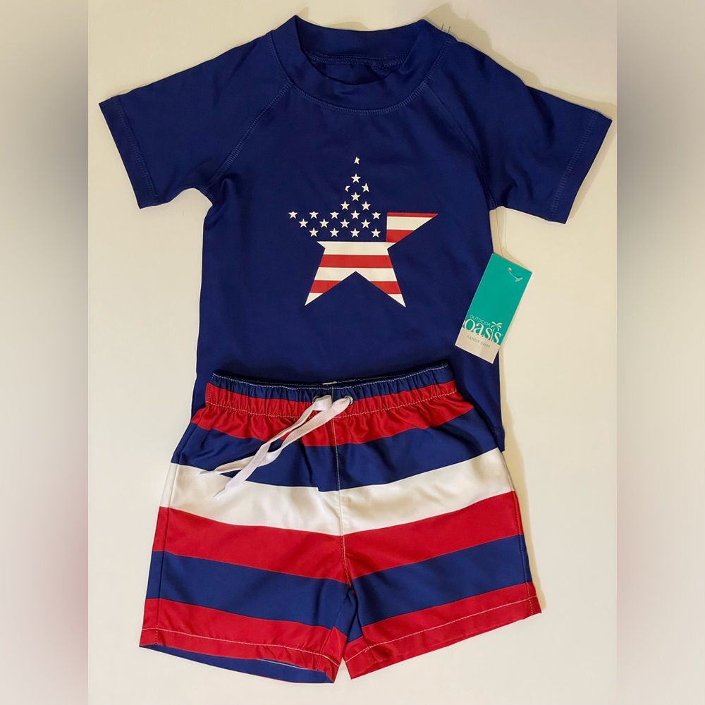 NWT Boys 9-12M Swim Set Outdoor Oasis Patriotic Flag Star Red White Blue Trunks
